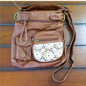 Scarleton Brown Leather Crossbody Bag with Lace Accent